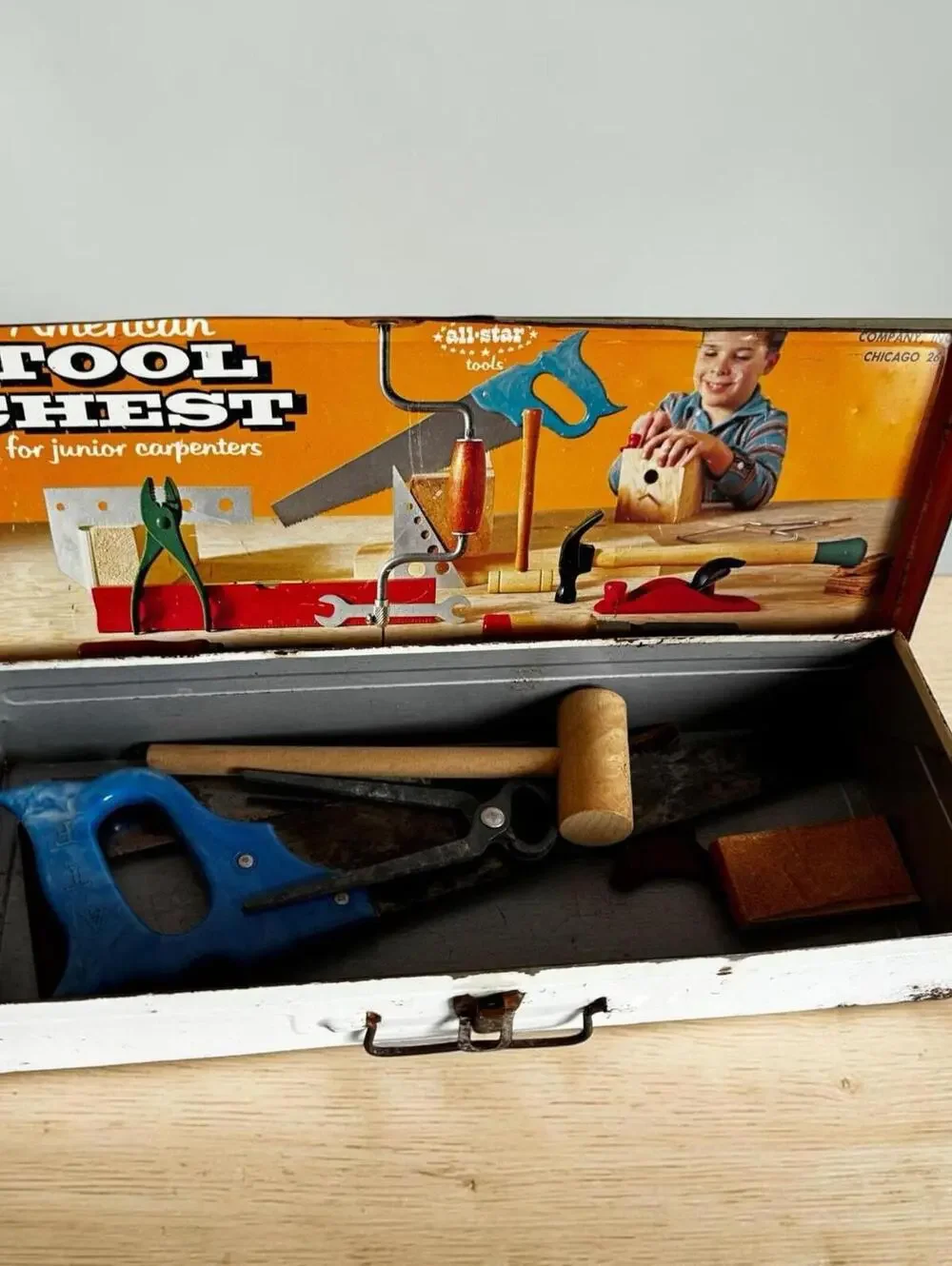 Tool Chest Vintage Junior Tools Star, Tin Lithographed Lid, Blue Plastic Saw